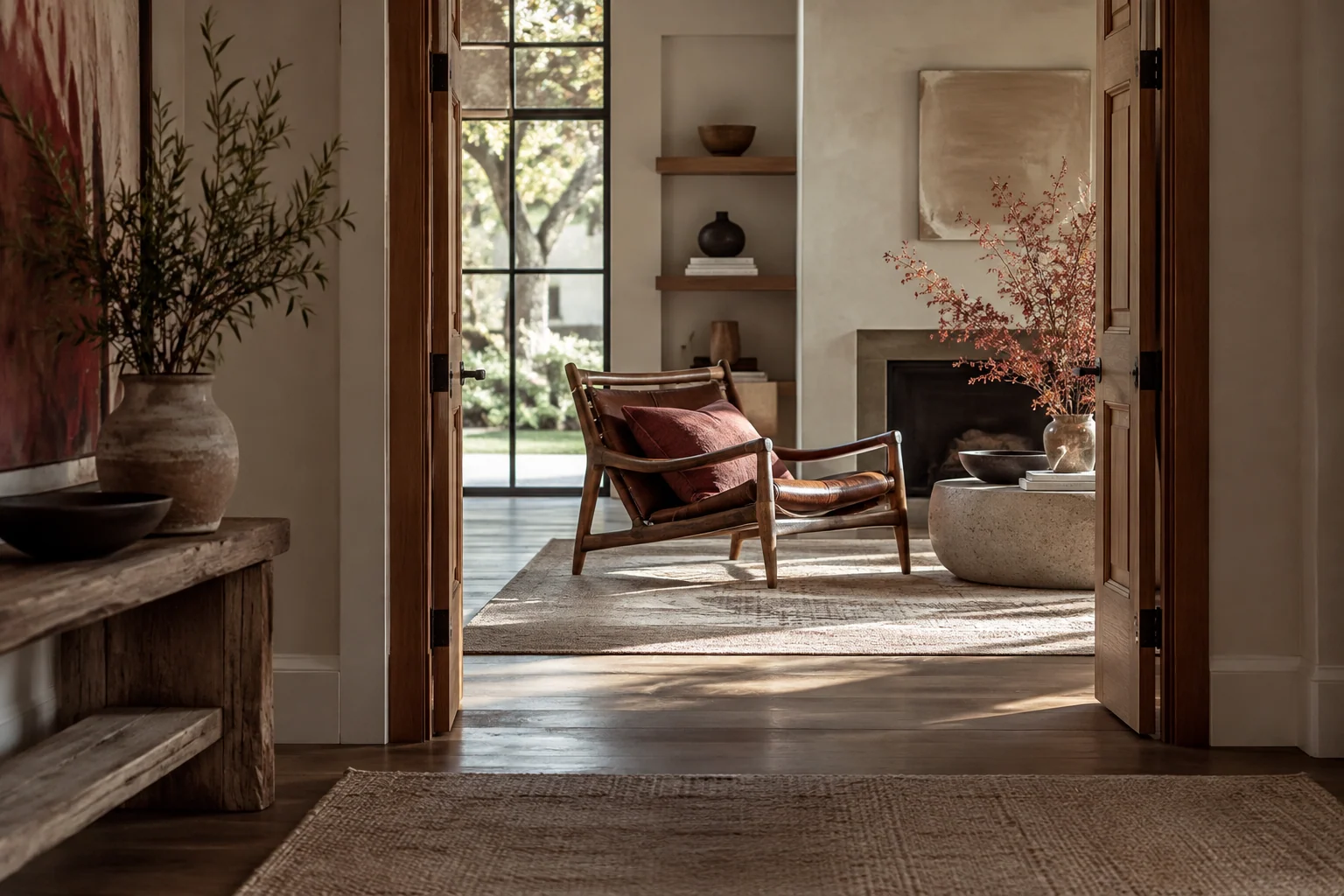 AI-created editorial illustration: A distinctive vintage wood armchair seen through a generous doorway into a serene modern home.